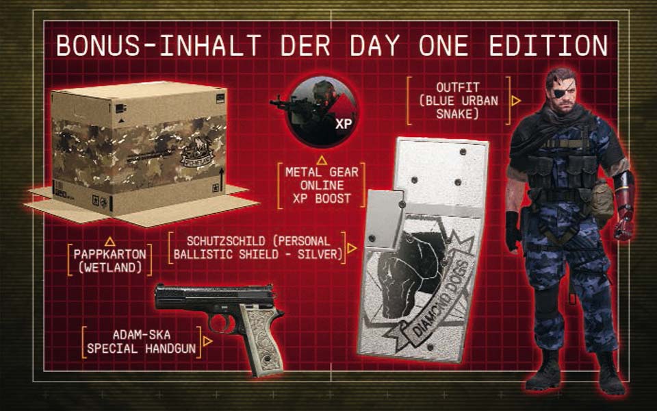 Metal Gear Solid 5: The Phantom Pain Day One Edition als garantiert unzensierte AT-PEGI Version vorbestellen und exklusive Boni sichern.